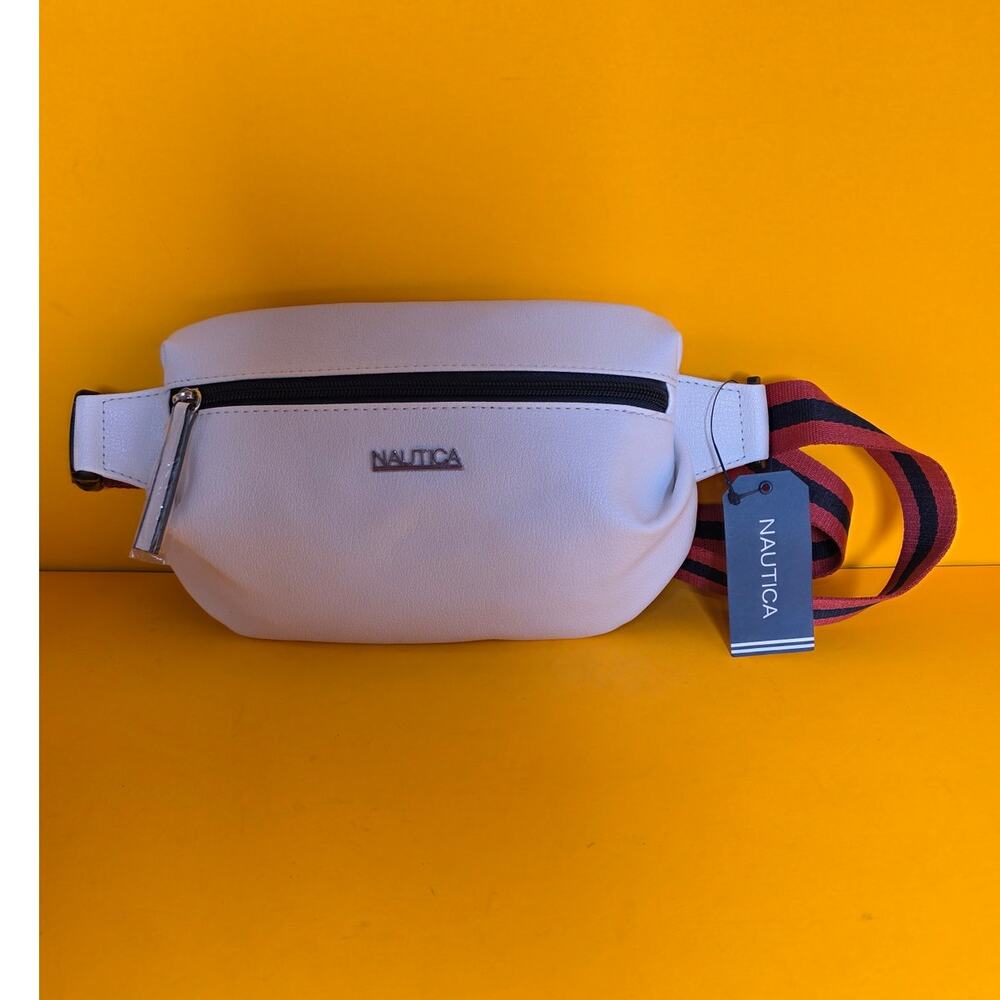 NWT Nautica Bowline Belt Bag White Faux Leather Crossbody Fanny Pack Red Blue